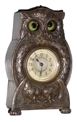 C.1900, German, Animated "Owl" Timepiece (eyes move back and forth), one day duration, wooden case box with cast and silvered owl body attached at front. — Antique Clocks Price Guide
