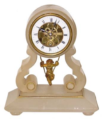 C.1880, French, Farcot, Swinging Doll timepiece, a white soft marble case with ormolu accents, the doll swinging front to rear as the clock runs, the unique movement with two escape wheels and chaff cutter escapement. — Antique Clocks Price Guide
