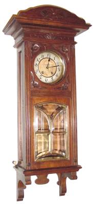 C.1900, German, 8-day time/strike wall clock, Art Nouveau influence, with matching gilt pendulum and dial center, and 6 panes of heavy beveled glass in the door . — Antique Clocks Price Guide