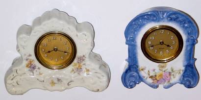 Lot of Two: 1) C.1905 Lux Mfg. Co., 30-hour lever movement porcelain timepiece. — Antique Clocks Price Guide