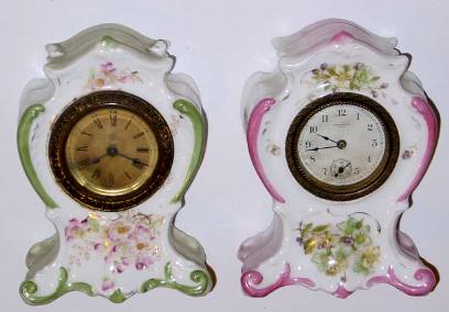 Lot of two look-a-likes: C.1905 New Haven Clock Co. and Ansonia Clock Co., 30-hour lever movement porcelain timepieces. — Antique Clocks Price Guide
