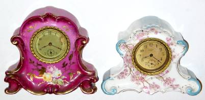 Lot of two: 1) C.1905 New Haven Clock Co., 30-hour lever movement porcelain timepiece, German case. — Antique Clocks Price Guide