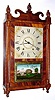 C.1828, Jeromes and Darrow, early transitional shelf clock with twisted mahogany columns, jester top and 4 turned feet.