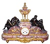 C.1890, French for Tiffany and Co., Bronze and Marble NIGHT and DAY, 8-Day bell strike, variegated white and light violet marble.