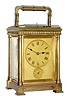 C.1890, French, Drocourt, Grand Sonnerie, alarm carriage clock, brass architectural case with smooth columns and shaped feet, and a bamboo style handle.