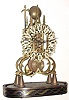 C.1920, English, Skeleton Clock, Single Fusee, Passing Strike, on a brass inlaid base, less dome.