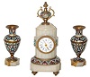 C.1880, French, Miniature 3-Piece Clock Set, champleve enamel, multi color bands around the clock tower, and the matching urns totally covered with enamel.
