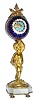 C.1890, French, Ormolu Child holding Champleve Enamel ball with a tiny cylinder 'scape timepiece movement and fretted brass hands.