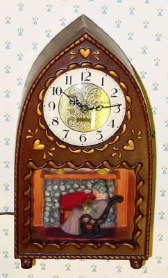 C.1948, Haddon Products, Inc, Chicago, Ill, 110v, THE MOTHER, electric timepiece and night light, with rocking mother before the fireplace below dial. — Antique Clocks Price Guide