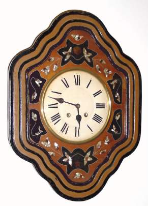 C.1890, French, Morez baker's clock , picture frame style with brass and MOP inlay, 8-day gong strike with prayer repeat. — Antique Clocks Price Guide