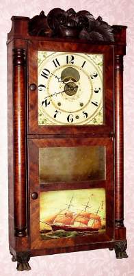 C.1835, Seth Thomas, Plymouth, Conn, 8-day time/strike/alarm wood movement half column and carved splat shelf clock. — Antique Clocks Price Guide
