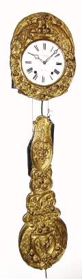 C.1860, French, Monnier, Joncy, Morbier, 2-Wt Prayer repeat wall clock, 8-day with repousse dial surround and pendulum with matching embossed peacocks on both. — Antique Clocks Price Guide