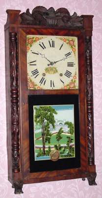 C.1835, Hopkins and Alfred, Harwinton, Conn, 30-hour time/strike wood movement, carved half column and splat shelf clock, with another make movement. — Antique Clocks Price Guide