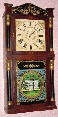 C.1830, No label, but attributed to Atkins and Downs, Bristol, Conn, 8-day time/strike wood movement, double deck, column and splat shelf clock. — Antique Clocks Price Guide