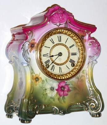 C.1904, Ansonia Clock Co, NY, Royal Bonn, "La Fontaine" , porcelain china clock, multicolor case, pink-yellow-green. — Antique Clocks Price Guide