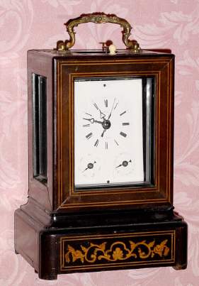 C.1870, French, Wood Cased Carriage Clock, time, strike, repeat, with calendar and alarm, the case with marquetry and line inlay. — Antique Clocks Price Guide