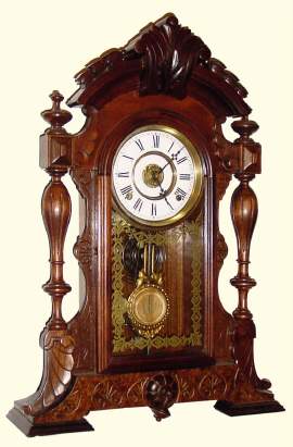 C.1875, F. Kroeber, NY, "MARIPOSA", walnut and burled veneer parlor clock, 8-day time, strike and alarm. — Antique Clocks Price Guide