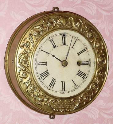 C.1850, Marine Clock Co., New Haven, TEN INCH GALLERY , embossed brass case, with Charles Kirk patent movement, remote fusee. — Antique Clocks Price Guide