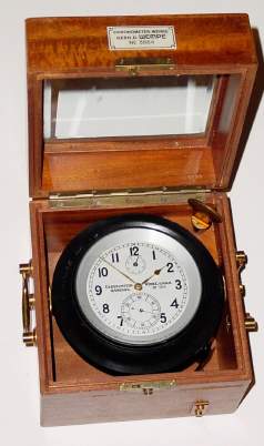 C.1943, German, Gerh. D. Wempe, Hamburg, No. 3864, 2-Day Chronometer with both inner and outer box (matching), late war production with bakelite [Metailgummi] gimbal, aluminum tub, and simple tension gimbal lock. — Antique Clocks Price Guide