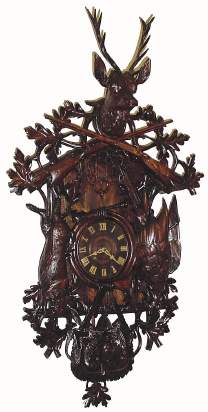 C.1910, German, Giant Wall Cuckoo, Fusee movement, hunting motif with life size rabbit and quail and large deer head at top. — Antique Clocks Price Guide