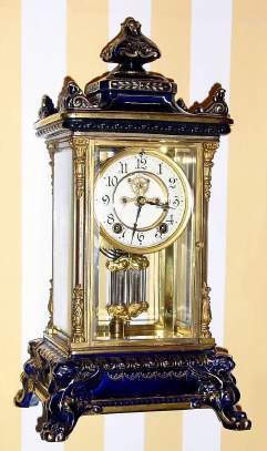 C.1914 Ansonia Clock Co., "Porcelain Regulator No. 6" , 8-day time/strike crystal regulator in cobalt blue. — Antique Clocks Price Guide