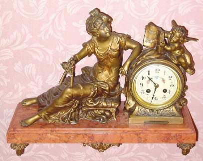C.1900, French, P. H. Blonde, 8-day time and bell strike figural mantel clock of Harmonie, par Moreau , with side garnitures (3 piece total) — Antique Clocks Price Guide
