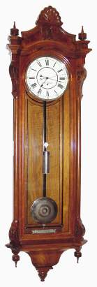 C.1885, Seth Thomas Clock Co., Thomaston, Conn, "REGULATOR No. 16" , 8-day single weight wall regulator, 12" dial and center seconds, with nickel appointments, in a /thin/ walnut case. — Antique Clocks Price Guide