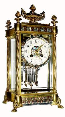 C.1890, French, Cloisonne Enamel over brass, fancy crystal regulator with convex sides, twisty columns at each corner, paw feet and floral finials. — Antique Clocks Price Guide