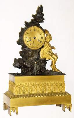 C.1840, French, Ormolu and Bronze Automaton figural clock, a young man in 18th century dress, setting beside a water fall, with separate movement, wound behind his legs to rotate the twisted glass tube that simulates water, time and bell strike movement with silk thread susp. — Antique Clocks Price Guide