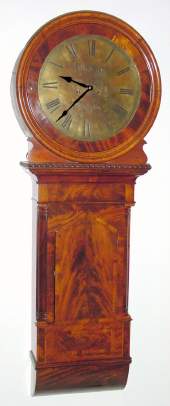 C.1840, English, Woolrich, W. Hampton, 8-day brass dial tavern clock, 2-weight in a wall case with crotch mahogany veneers. — Antique Clocks Price Guide
