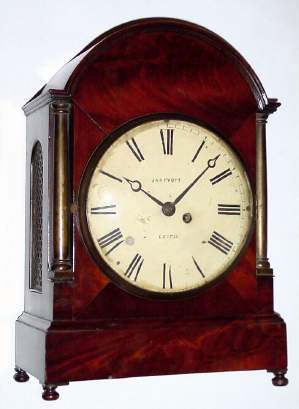 C.1830, English, Jas. Pyott, Leith, Single Fusee bracket clock, in a nice crotch mahogany and veneers case, in the Regency style, with turned brass columns to the side of the dial. — Antique Clocks Price Guide