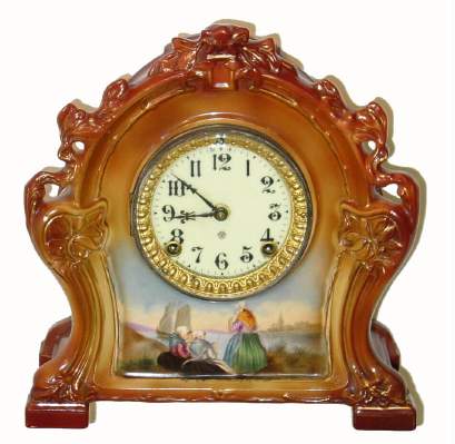 C.1905, Ansonia Clock Co, NY, Royal Bonn, "La Chartres", porcelain china clock, with a hand painted scene of 3 Dutch ladies at the harbor, with a fishing string in the water. — Antique Clocks Price Guide