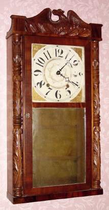 C.1937, Elijah Bills, Empire Carved column and splat, 30-hour wooden works, 2-weight. — Antique Clocks Price Guide
