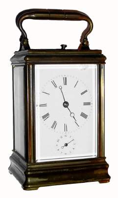 C.1890, French, Drocourt (signed movement), brass Gorge cased carriage clock, time, strike, repeat and alarm, as-found, from storage. — Antique Clocks Price Guide