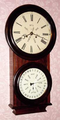 C.1867, B. B. Lewis, Bristol, Conn, Lewis Calendar No. 2 , probably made for L. F. and W. W. Carter, but there is not enough label left to tell; 2-weight, 8-day time+calendar in a rosewood case with grained bezels. — Antique Clocks Price Guide