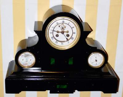 C.1890, French, 3-Dial Mantel clock, time and strike, with calendar lower left and Aneroid barometer lower right. — Antique Clocks Price Guide