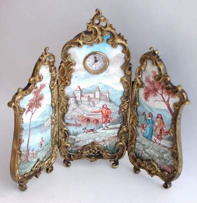 C.1900, Swiss, Miniature 3-pc Enamel Screen, with a Swiss bar style, key-wound movement, and a tiny dial in the central screen, 1-day. — Antique Clocks Price Guide