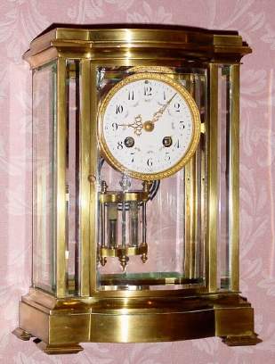 C.1910, French, AD. Mougin, M. Corpet, France, 8-day time/strike crystal regulator, with bow front, and side lights on the front. — Antique Clocks Price Guide