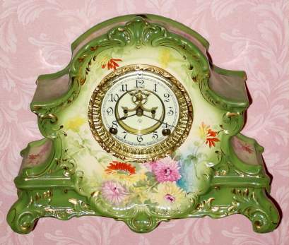 C.1904, Ansonia Clock Co., NY, "La Nord" , 8-day time/strike porcelain mantel clock in green. — Antique Clocks Price Guide