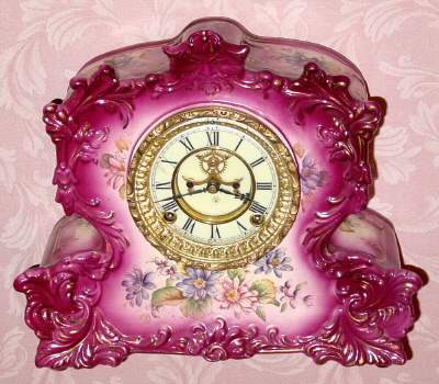 C.1901, Ansonia Clock Co., NY, "Review" , 8-day time/strike porcelain mantel clock. — Antique Clocks Price Guide
