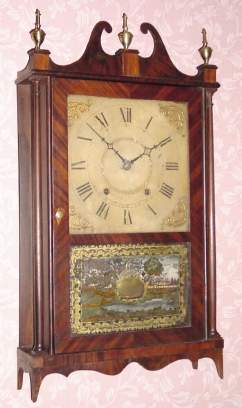 C.1828 Ephraim Downes, Bristol, Conn, 30-hour, 2-wt, time and strike, wood movement, pillar and scroll shelf clock. — Antique Clocks Price Guide