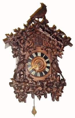 C.1880, German, Wooden Plate, Fusee Wall Cuckoo, large 8-day, 3-bird and 42 leaf pattern. — Antique Clocks Price Guide