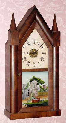 C.1848, Chauncey Boardman, Bristol, Conn., SHARP GOTHIC or steeple clock, 3-fusee, time, strike and alarm, 30-hour. — Antique Clocks Price Guide