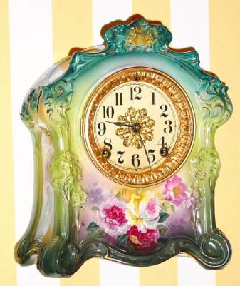 C.1914, Ansonia Clock Co., Royal Bonn, "La Scarpe" , 8-day time/strike porcelain mantel clock. — Antique Clocks Price Guide