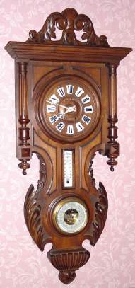 C.1890, French, Clock and Barometer in a walnut cartel style case with carving. — Antique Clocks Price Guide