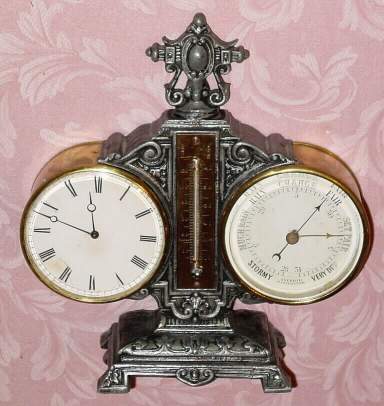 C.1900, French, V.A.P., 8-day timepiece/barometer/thermometer desk set. — Antique Clocks Price Guide