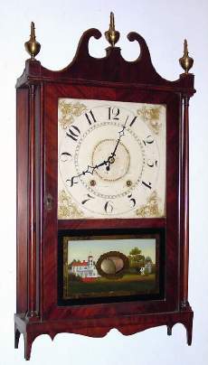 C.1828, Ephraim Downes, Bristol, Conn, Pillar and Scroll, with restorations, 30-hour, wood movement. — Antique Clocks Price Guide
