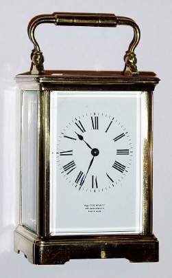 C.1900, French, Brass Cased Carriage Clock , 8-day timepiece, retailed by Walter Wyatt, Bournemouth (on dial). — Antique Clocks Price Guide