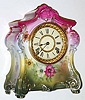  C.1904, Ansonia Clock Co, NY, Royal Bonn, "La Fontaine" , porcelain china clock, multicolor case, pink-yellow-green. 