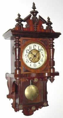 C.1900, German, Behrens, Gongschlag, 8-day, drop well (glazed cover), "Berliner" style wall clock with original top. — Antique Clocks Price Guide